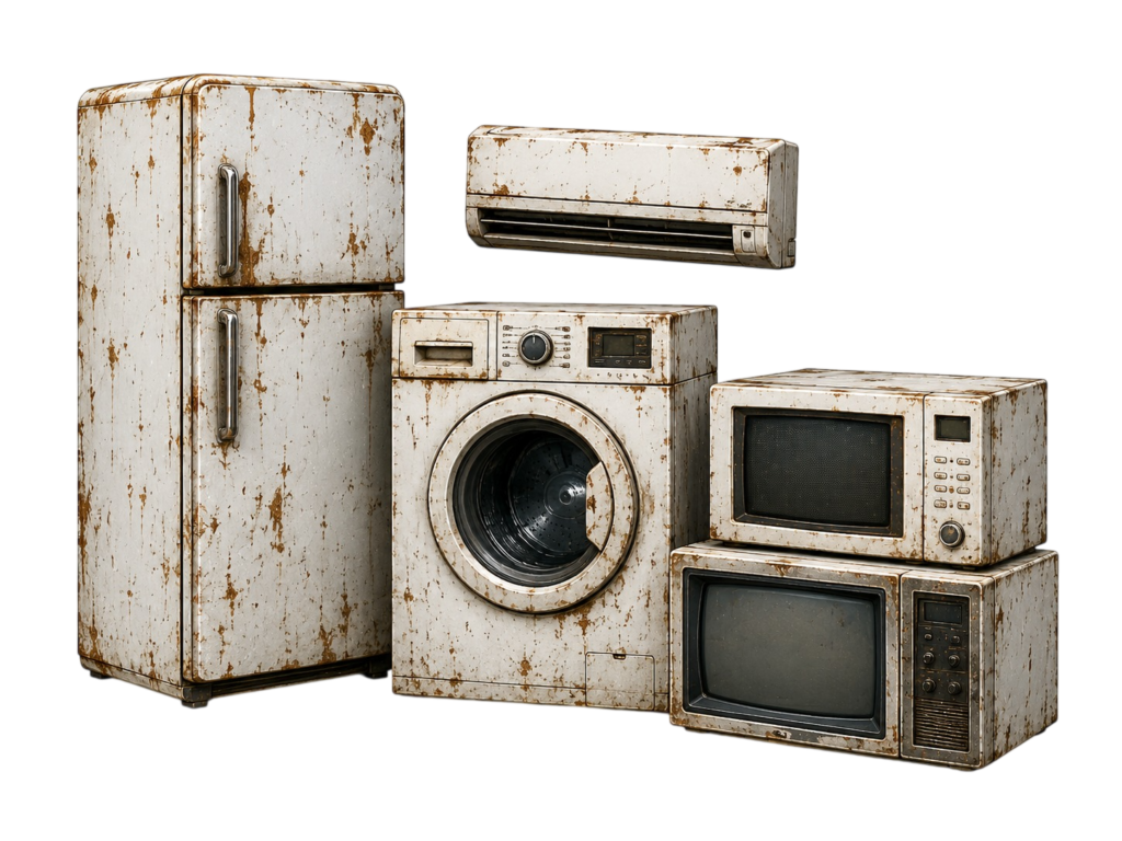 Old refrigerator, washing machine, air conditioner, microwave oven and television collected for authorized e-waste recycling
