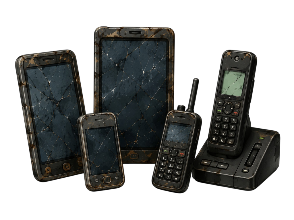 Old smartphones, mobile phones and cordless telephones collected for authorized e-waste recycling and secure electronic waste disposal
