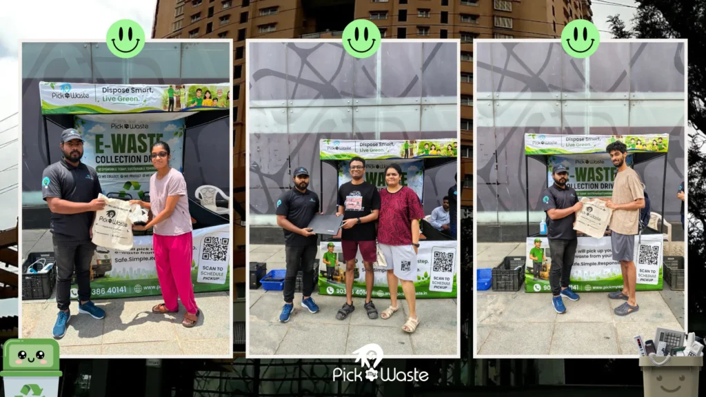 Three-panel photo collage showing Bengaluru residents handing over old electronics and laptops to a PickMyWaste representative and receiving eco-friendly collection bags.