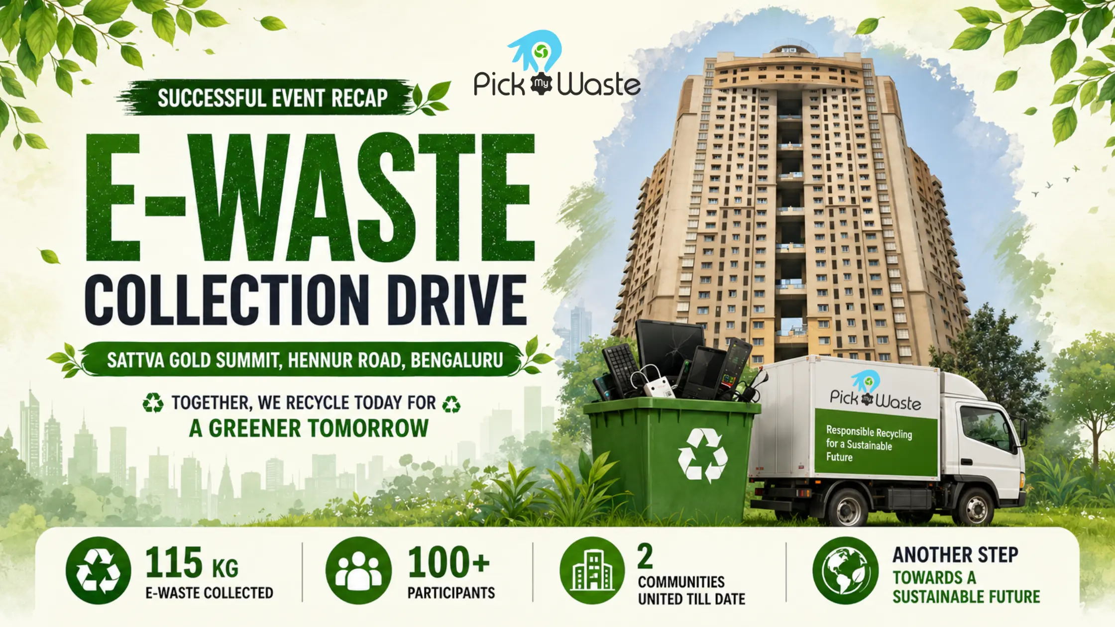PickMyWaste event recap banner for the E-Waste Collection Drive at Sattva Gold Summit, Hennur Road, Bengaluru, showing 115 kg collected from over 100 participants.