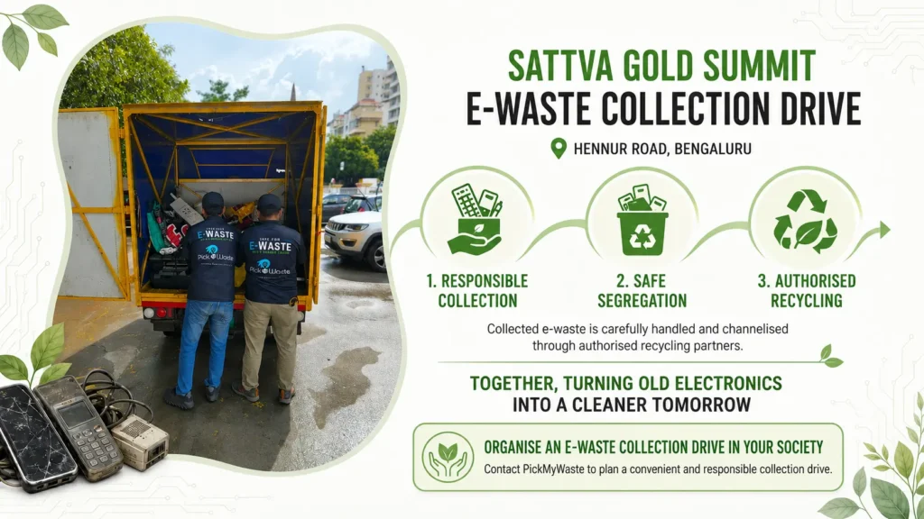 PickMyWaste team members loading collected electronics into a logistics truck during the Sattva Gold Summit E-Waste Collection Drive at Hennur Road, Bengaluru, illustrating a 3-step process: Responsible Collection, Safe Segregation, and Authorised Recycling.