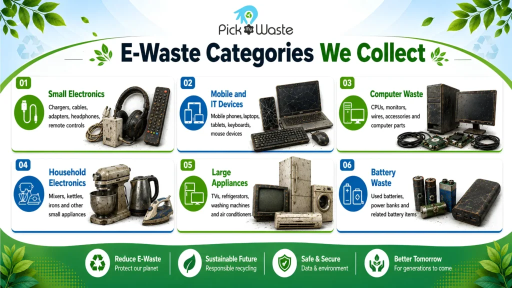 PickMyWaste e-waste categories infographic showing old and damaged electronics accepted for recycling including laptops, computers, batteries, household appliances and mobile devices.