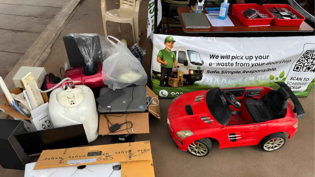 A small portion of e-waste collected during the PickMyWaste e-waste collection drive at Purva Fountain Square in Marathahalli, Bengaluru, where approximately 350 kg of electronic waste was responsibly collected for recycling.