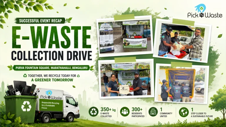 Featured collage of the PickMyWaste E-Waste Collection Drive at Purva Fountain Square, Marathahalli, Bengaluru, showcasing the collection booth, resident participation, e-waste handover and responsible recycling activities.