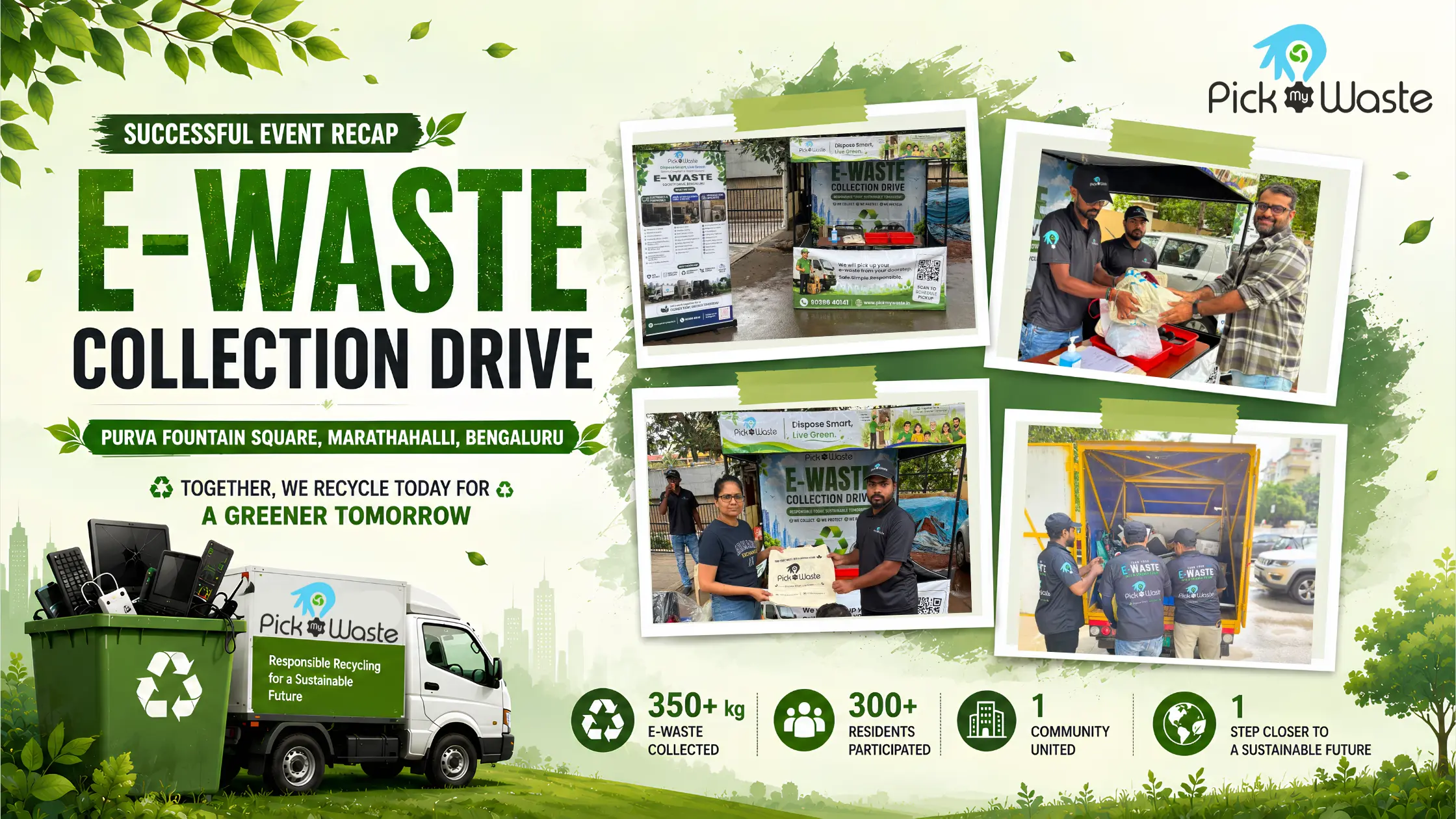 Featured collage of the PickMyWaste E-Waste Collection Drive at Purva Fountain Square, Marathahalli, Bengaluru, showcasing the collection booth, resident participation, e-waste handover and responsible recycling activities.