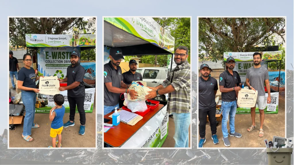 Residents participating in the PickMyWaste e-waste collection drive at Purva Fountain Square, Marathahalli, Bengaluru by submitting electronic waste for responsible recycling and receiving reusable tote bags.