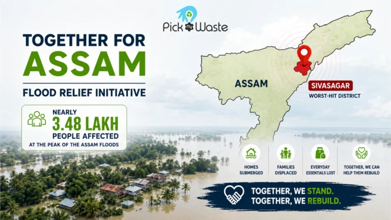 Map of Assam highlighting Sivasagar district flood impact data alongside an aerial view of inundated villages.