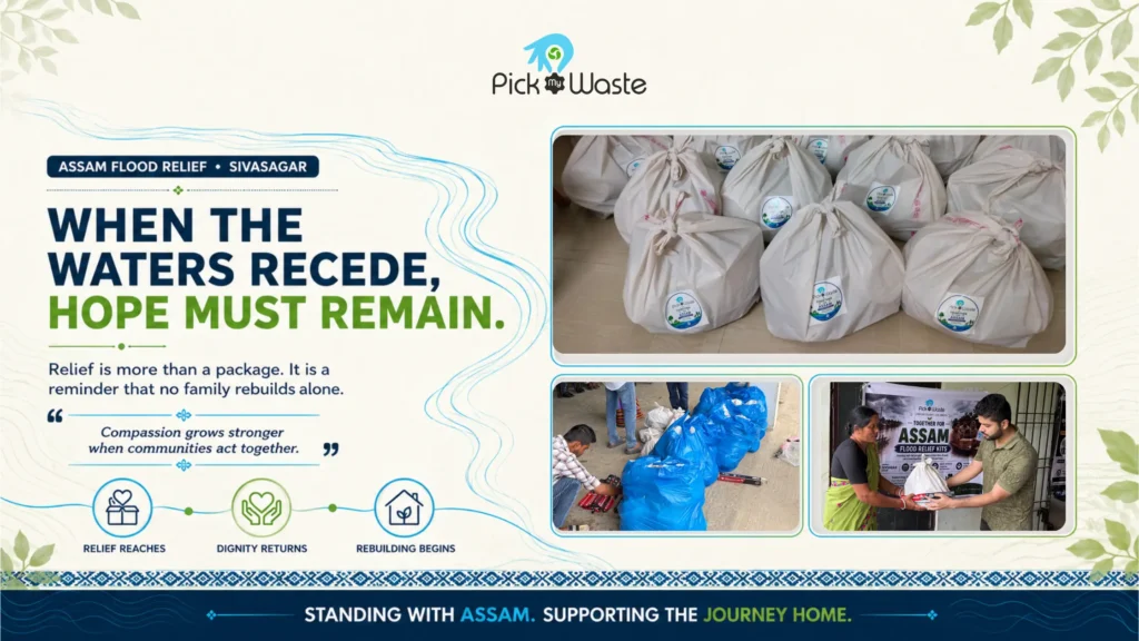 Rows of PickMyWaste relief packages alongside team members handing over supplies to flood-affected individuals.