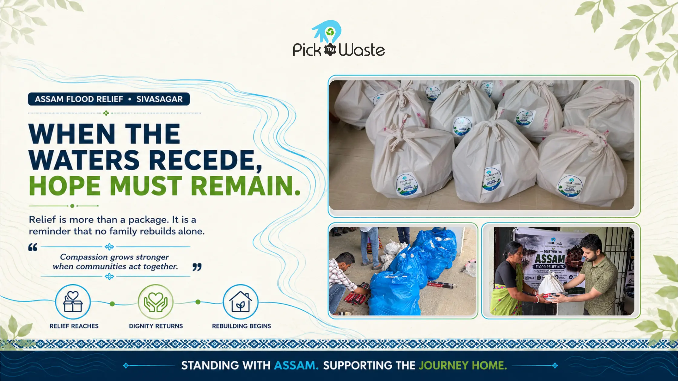 Rows of PickMyWaste relief packages alongside team members handing over supplies to flood-affected individuals.