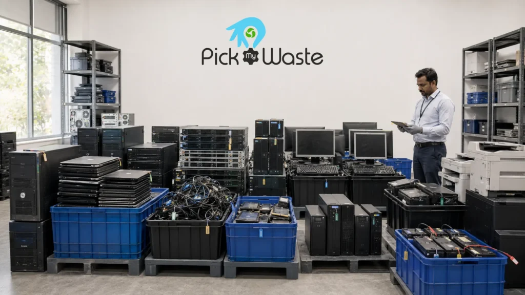 Organized secure warehouse housing decommissioned servers, monitors, and laptops for Pick My Waste recycling.