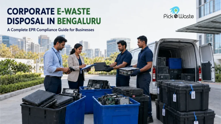 Corporate team managing electronic waste disposal and loading laptops into a van for EPR compliance in Bengaluru with Pick My Waste.