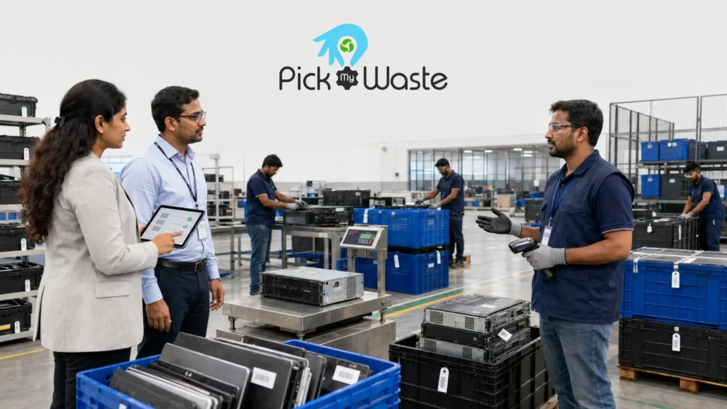 Corporate representatives auditing electronic waste inventory at a certified e-waste recycling facility with Pick My Waste.