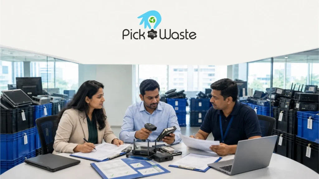 Team evaluating asset serial numbers and compliance documentation for e-waste recycling with Pick My Waste.