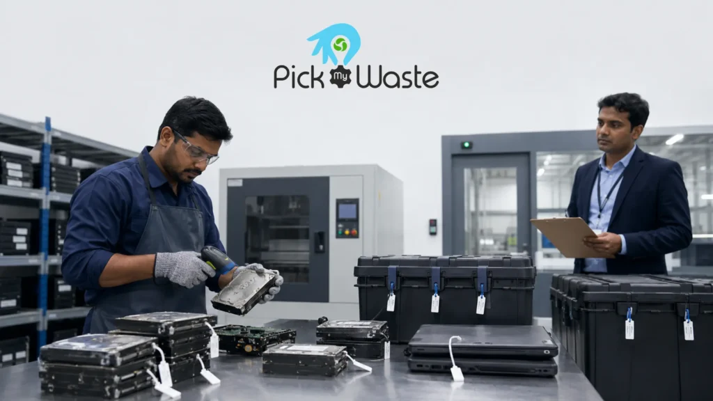 Technician scanning hard drives for secure data destruction and tracking under Pick My Waste supervision.