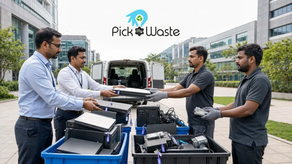 Pick My Waste field crew receiving decommissioned laptops and desktops from corporate clients at an office park.