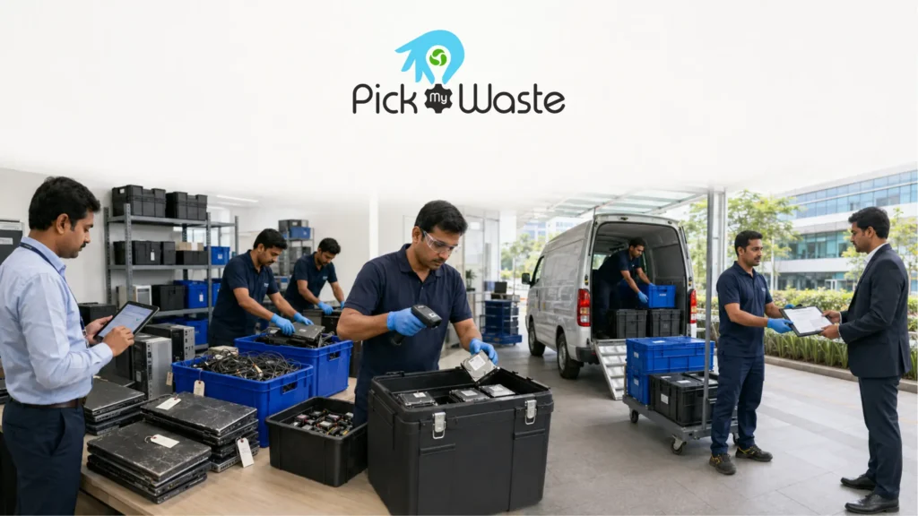 Logistics team loading securely tagged IT assets into a Pick My Waste transport vehicle for eco-friendly disposal.