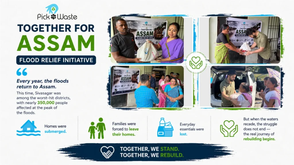 Collage showing PickMyWaste team members distributing relief kits containing essential household supplies to local residents in Sivasagar.